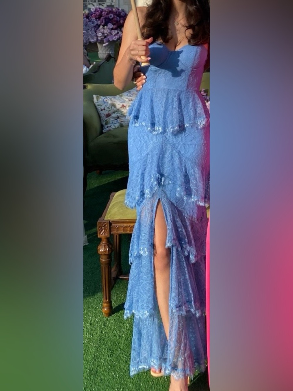 MAJORELLE Robin’s Egg Blue Lace Peplum Evening Gown
